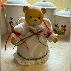 Vintage Angel Christmas Tree Topper Teddy Bear Figurine w/ Holiday White Dress